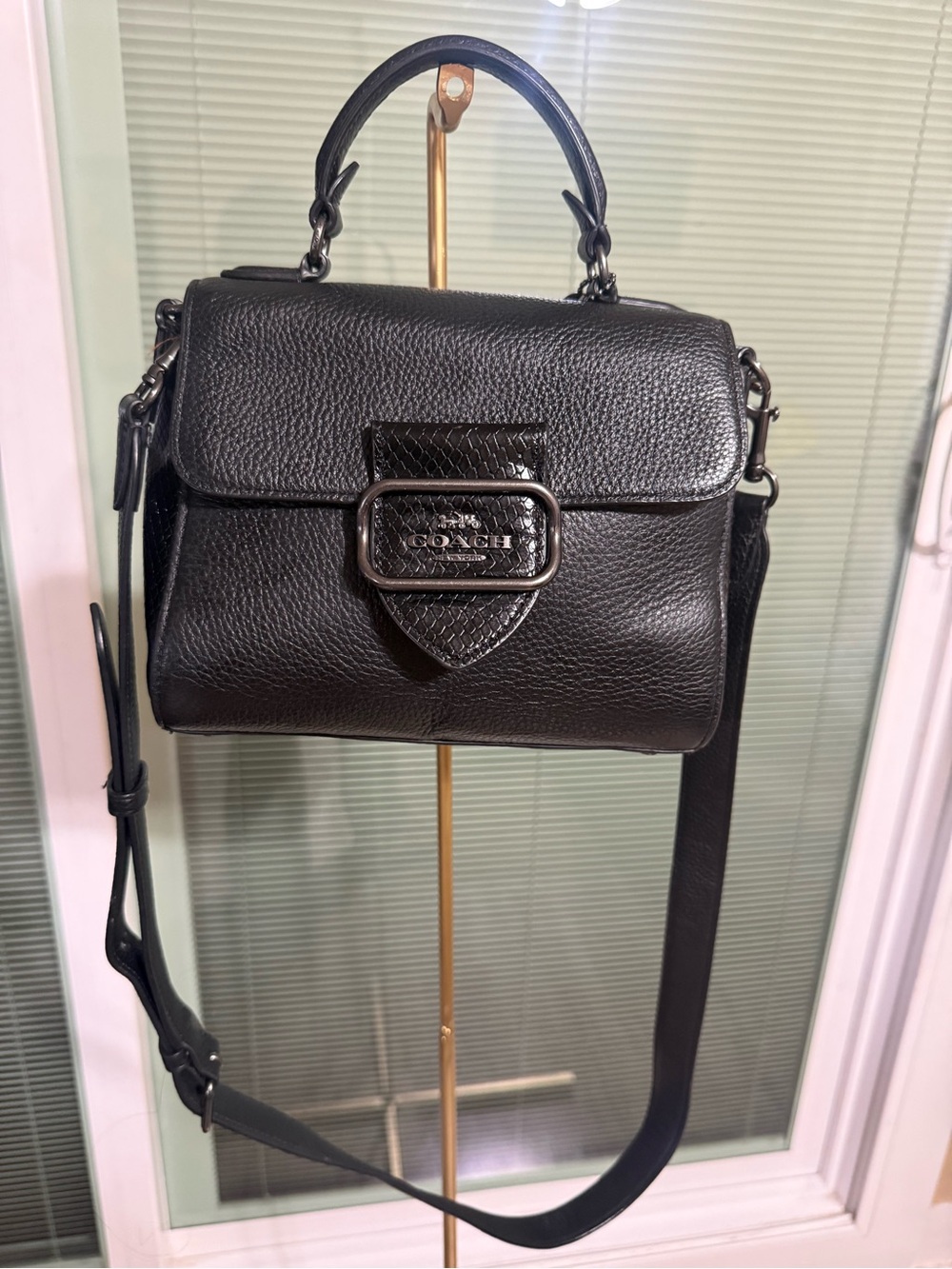 Coach Black Leather Top-Handle Satchel with Adjustable Strap